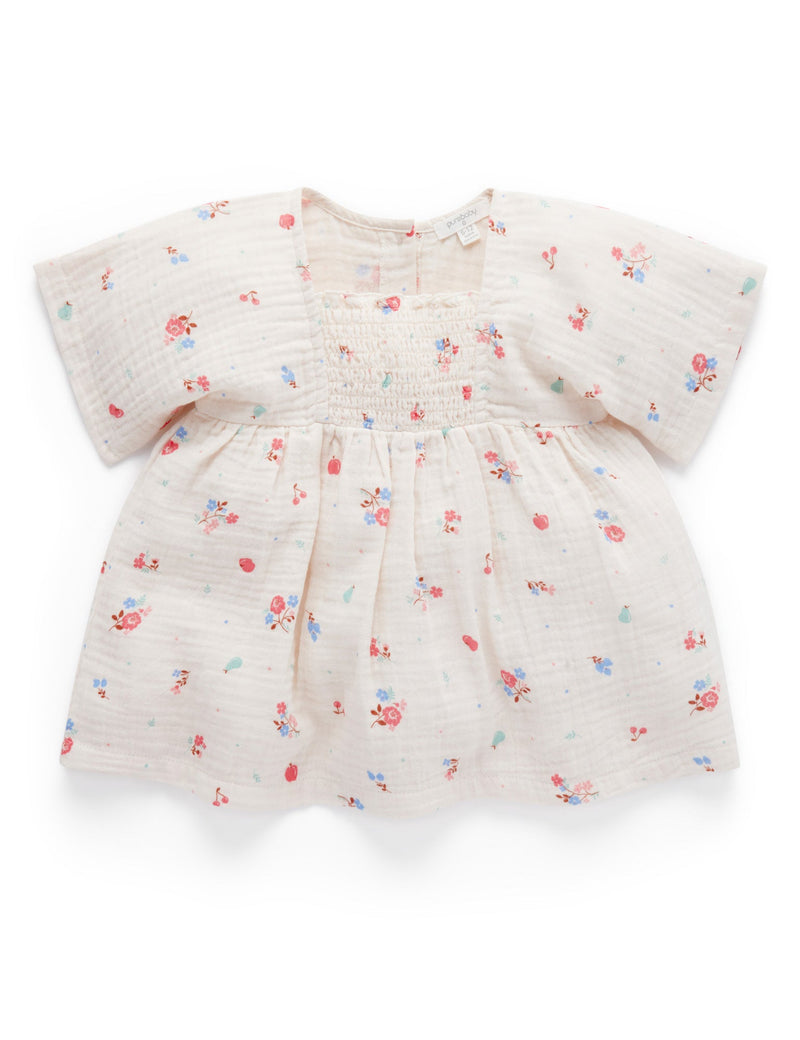Shirred Dress - Fruits & Flowers Print