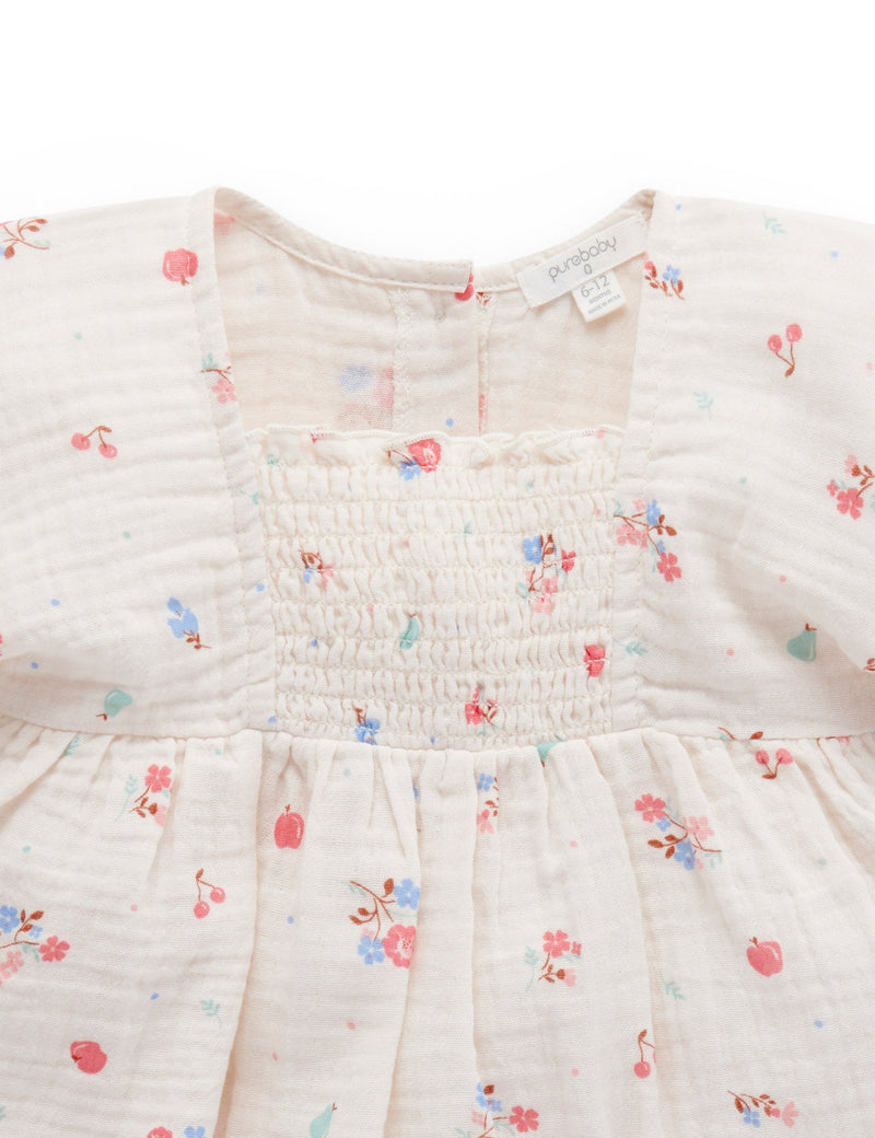 Shirred Dress - Fruits & Flowers Print