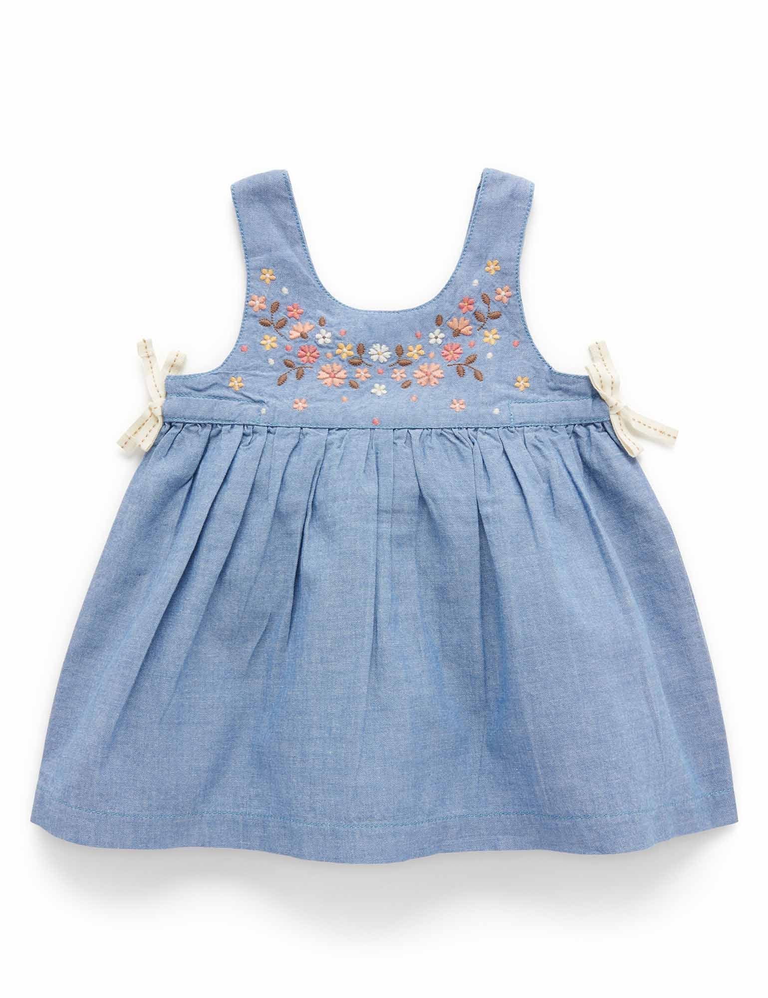 Frangipani Embroidered Dress - Faded Denim