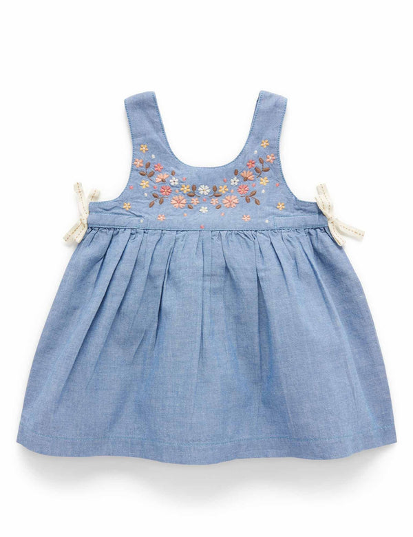 Frangipani Embroidered Dress - Faded Denim