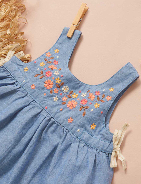 Frangipani Embroidered Dress - Faded Denim