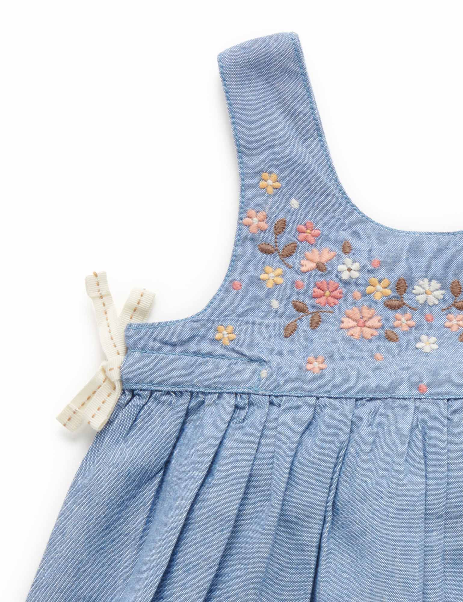 Frangipani Embroidered Dress - Faded Denim