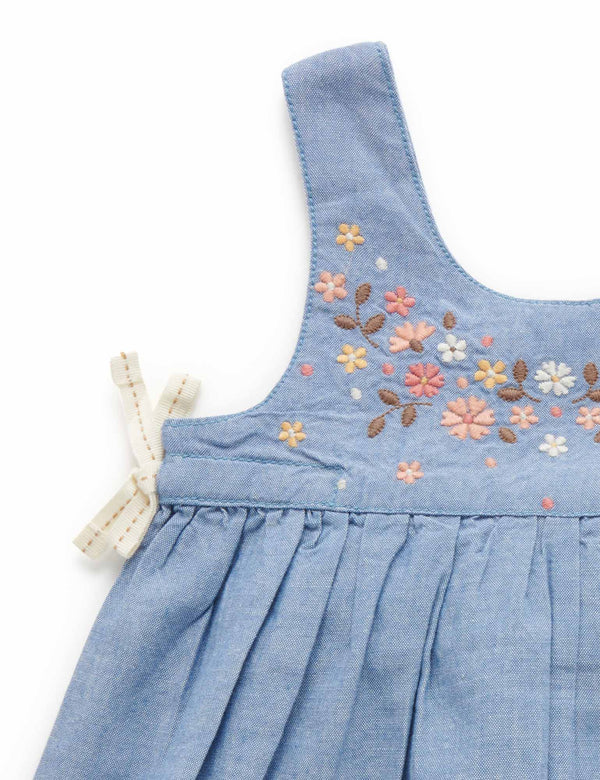 Frangipani Embroidered Dress - Faded Denim