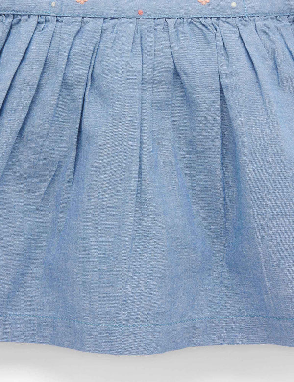 Frangipani Embroidered Dress - Faded Denim