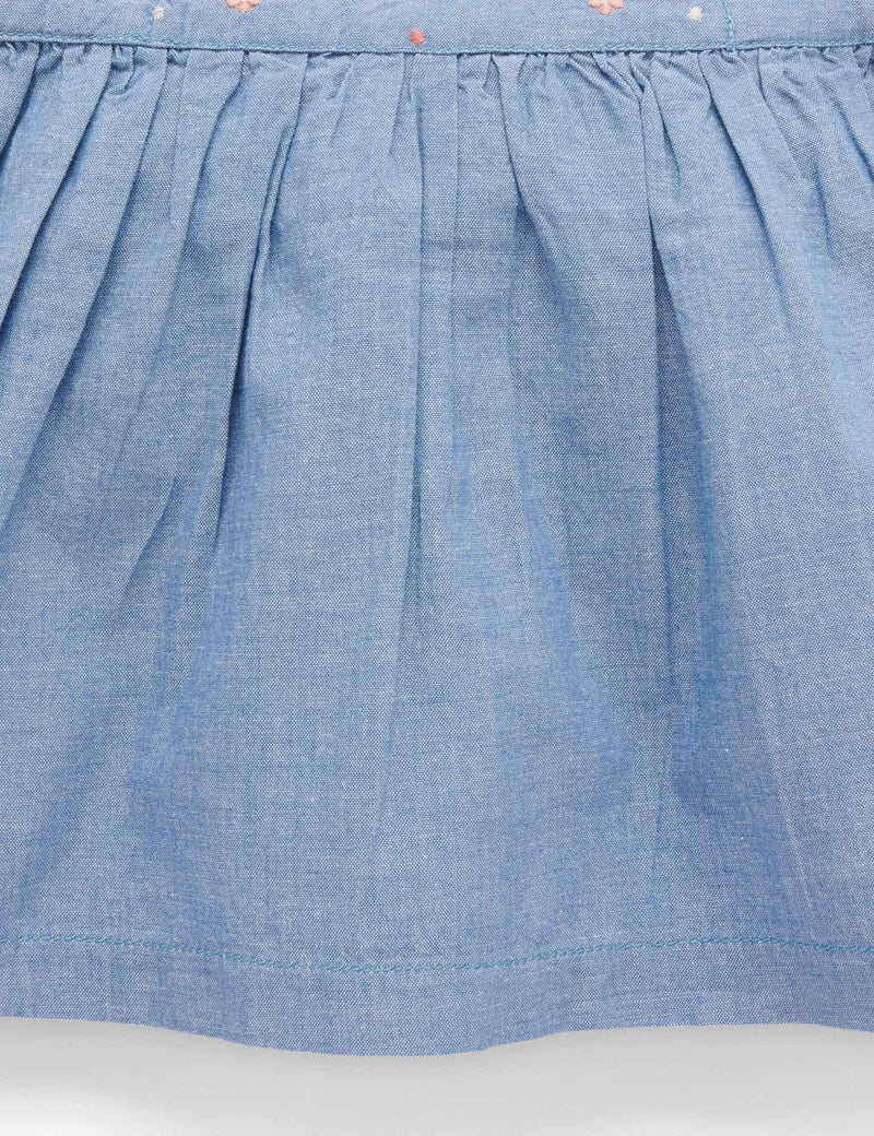 Frangipani Embroidered Dress - Faded Denim