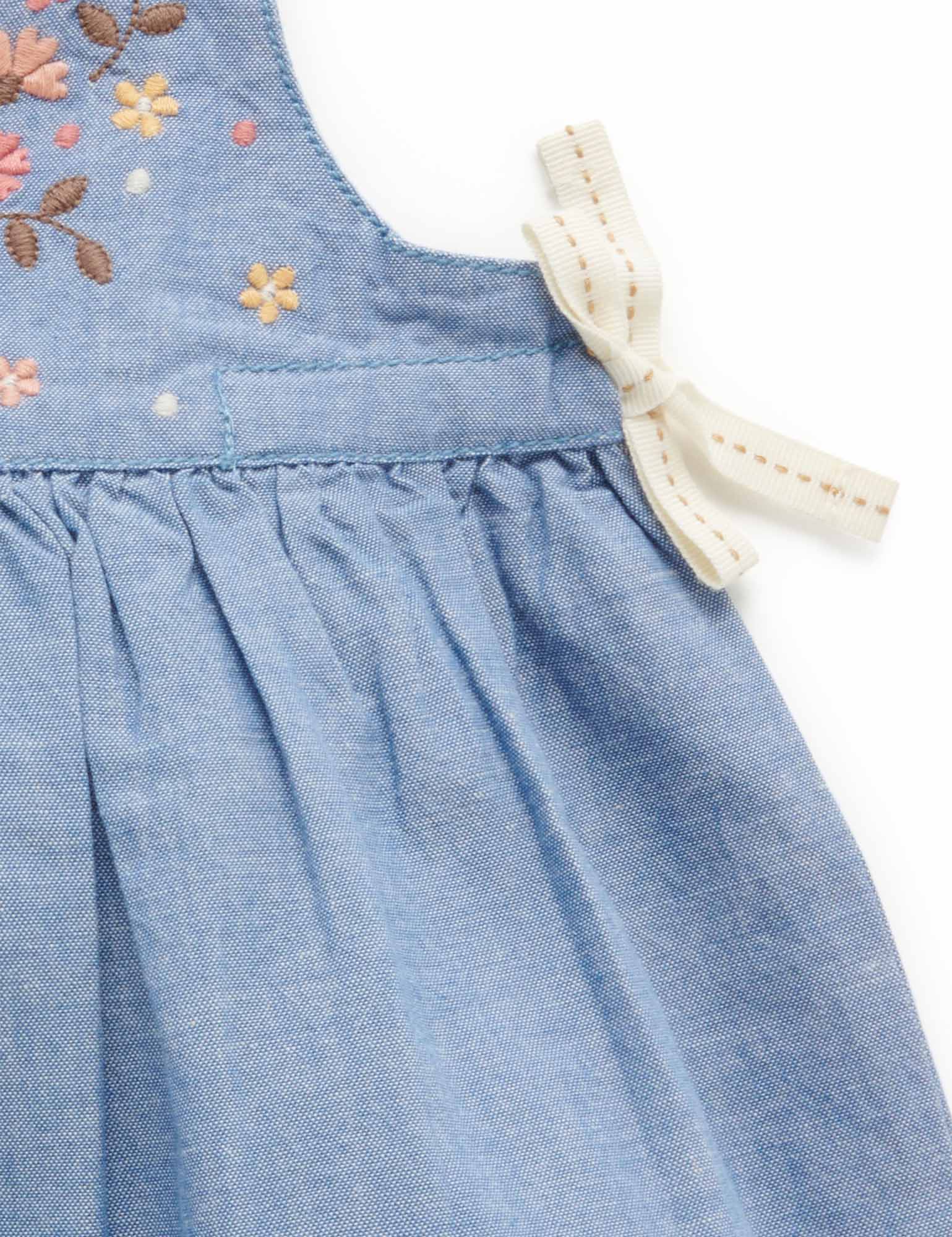 Frangipani Embroidered Dress - Faded Denim