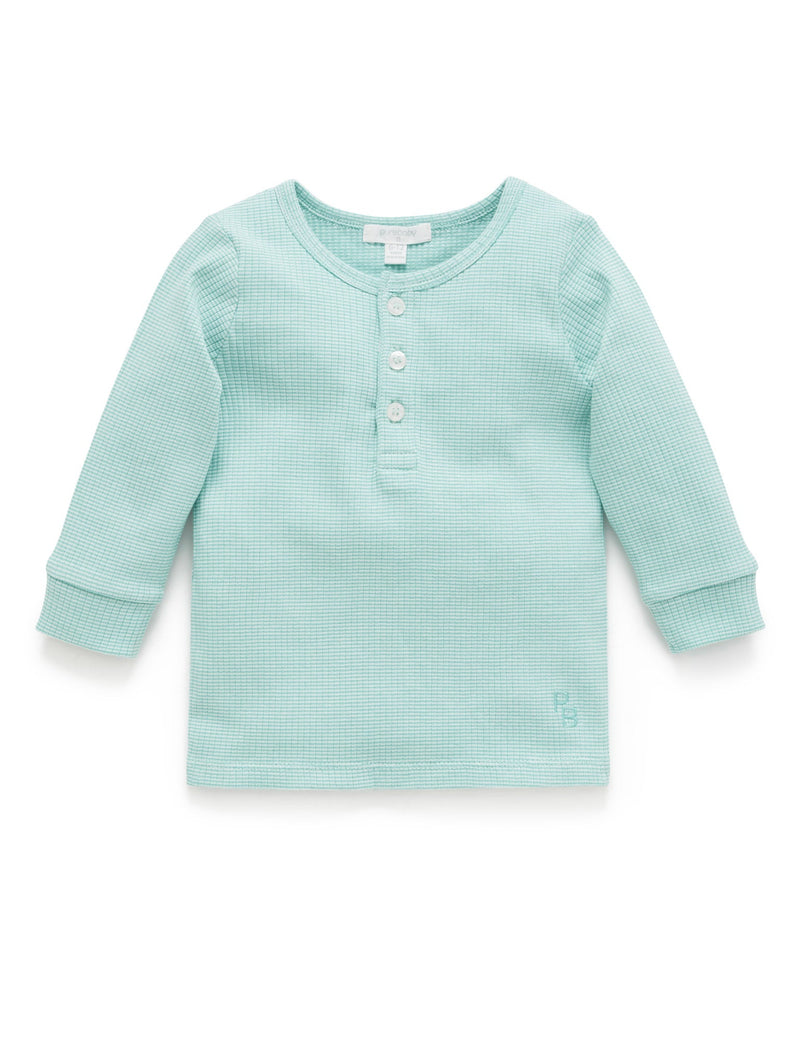 Rib L/Slv Henley Tee - Aquamarine Stripe