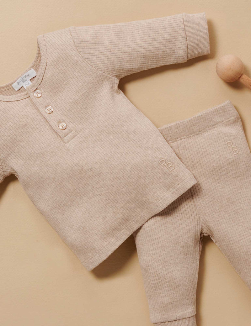 Rib L/Slv Henley Tee - Biscuit Melange