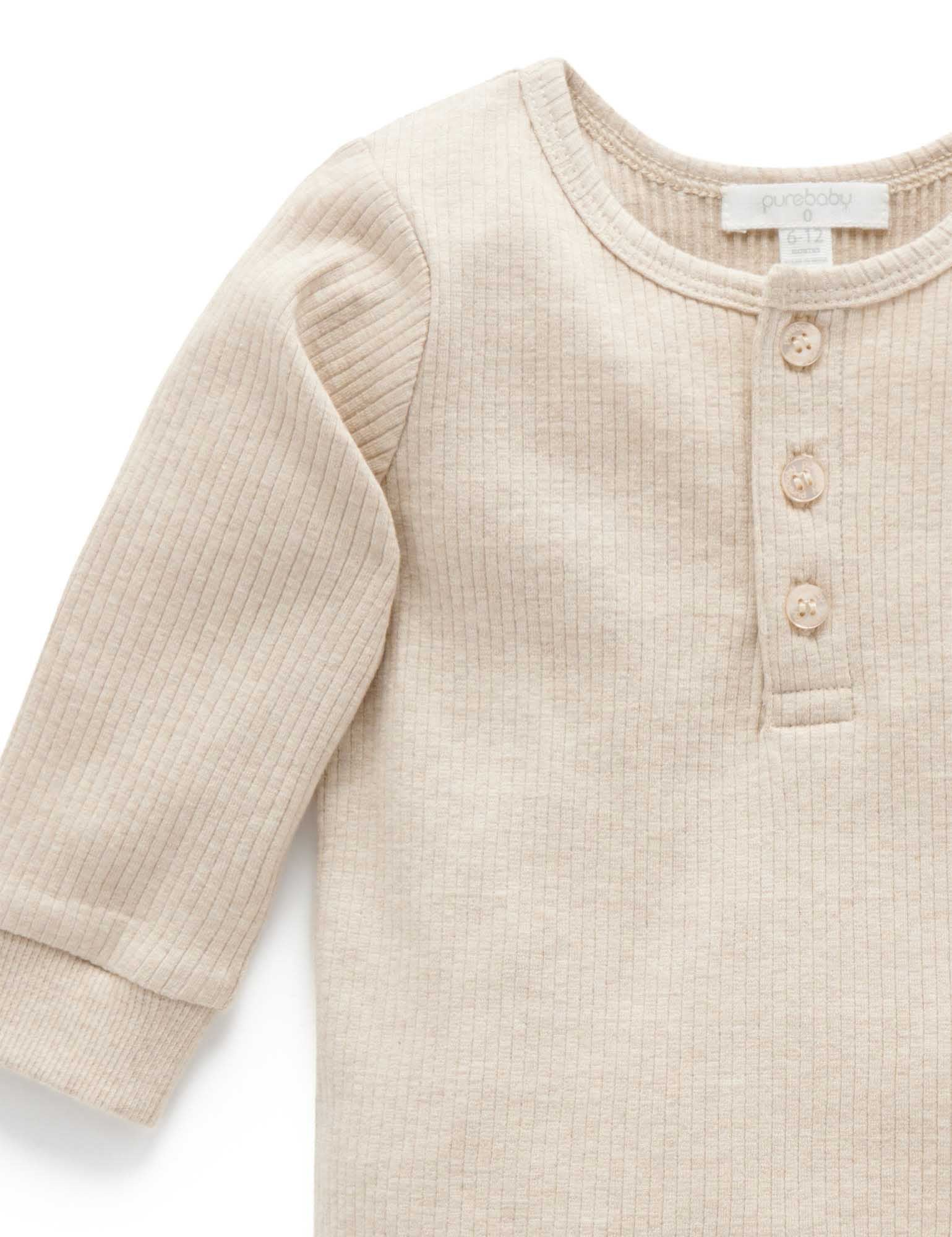 Rib L/Slv Henley Tee - Biscuit Melange