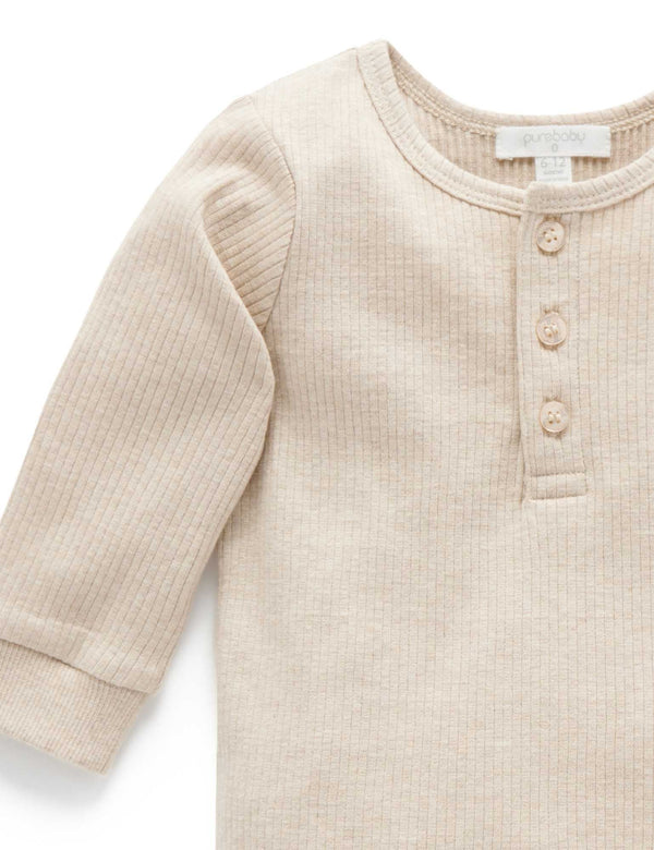 Rib L/Slv Henley Tee - Biscuit Melange