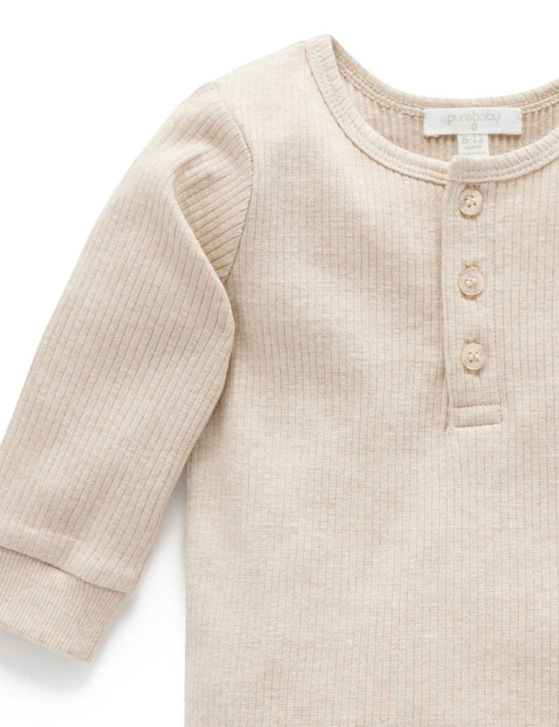 Rib L/Slv Henley Tee - Biscuit Melange