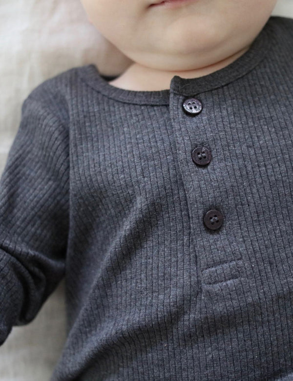 Rib L/Slv Henley Tee - Charcoal Melange