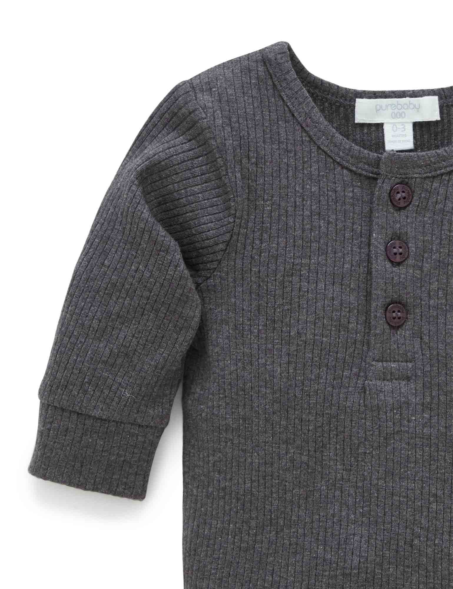 Rib L/Slv Henley Tee - Charcoal Melange