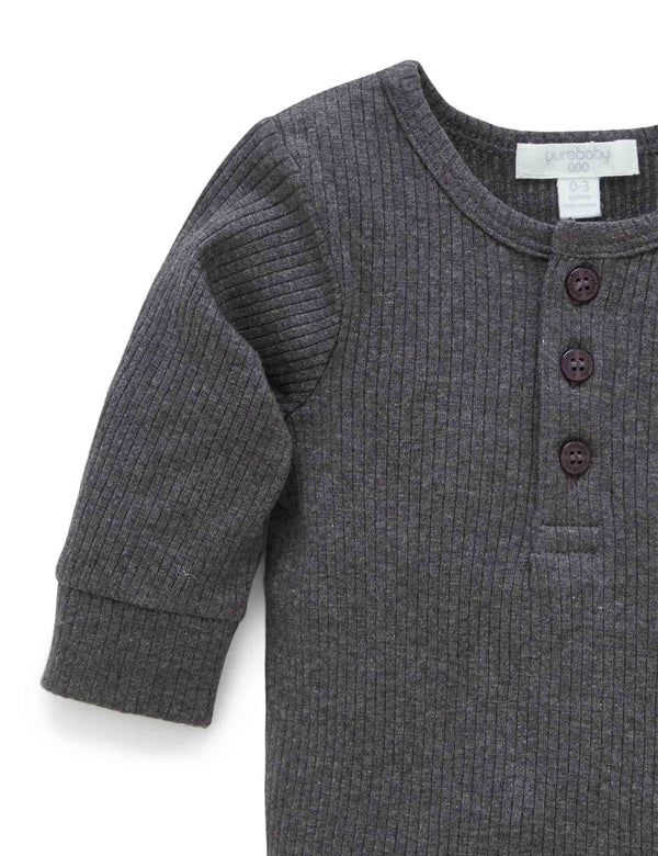 Rib L/Slv Henley Tee - Charcoal Melange