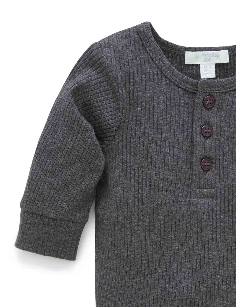 Rib L/Slv Henley Tee - Charcoal Melange
