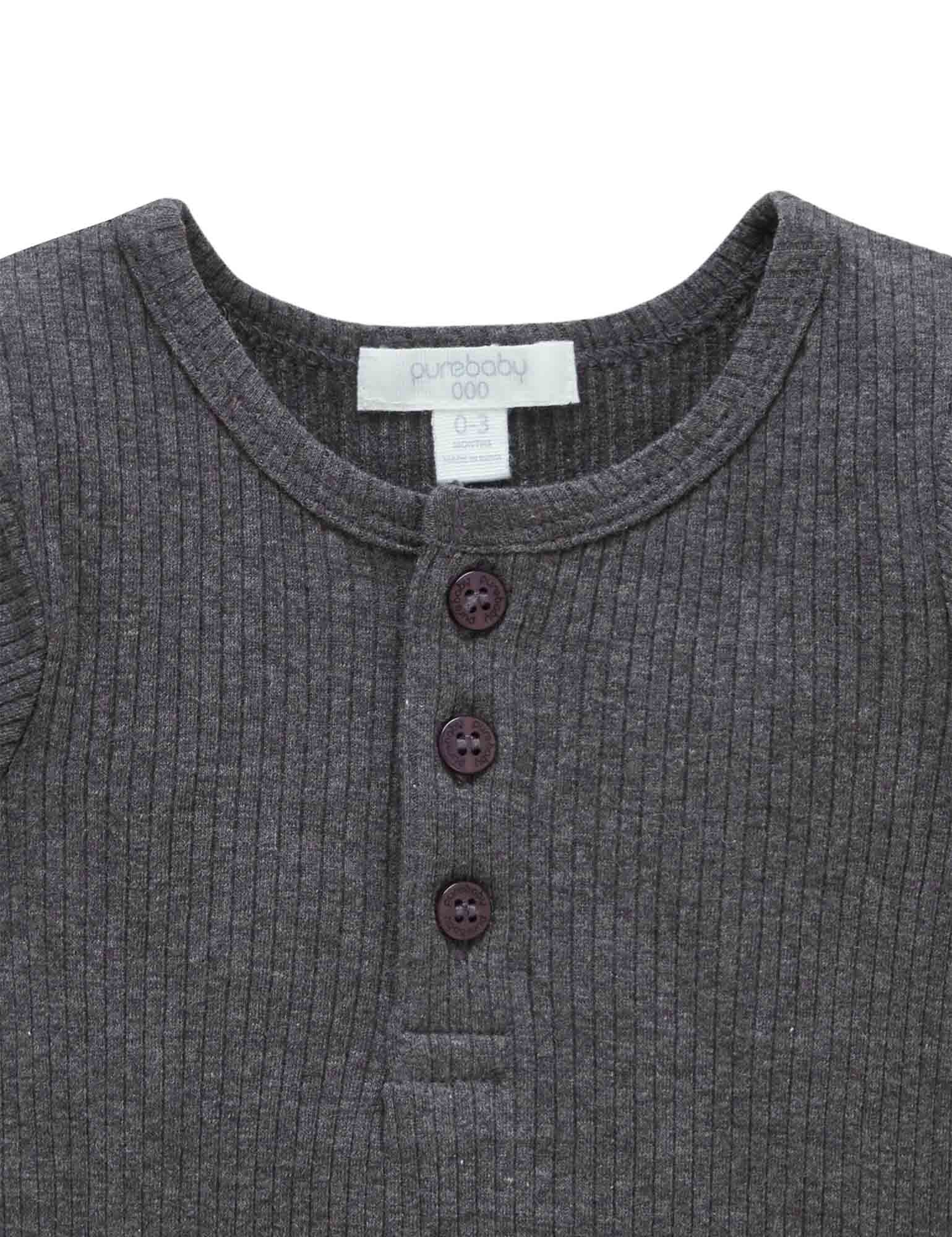 Rib L/Slv Henley Tee - Charcoal Melange