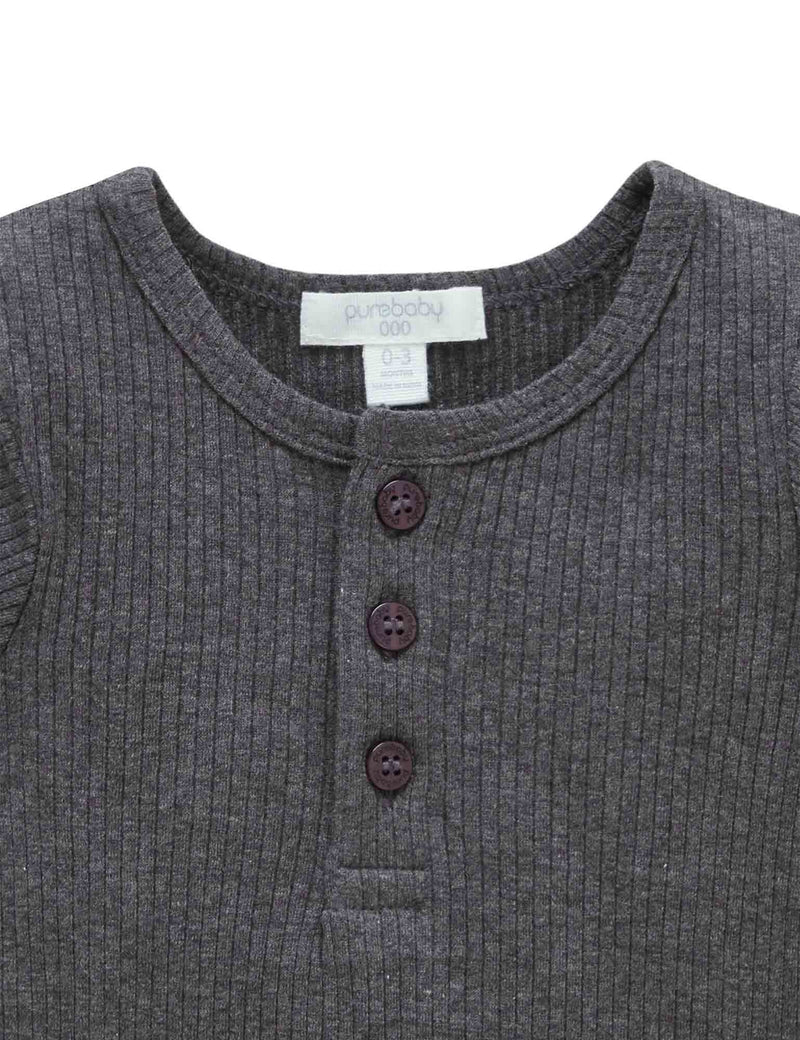 Rib L/Slv Henley Tee - Charcoal Melange