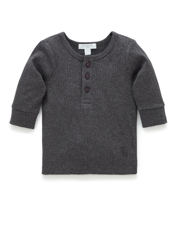 Rib L/Slv Henley Tee - Charcoal Melange