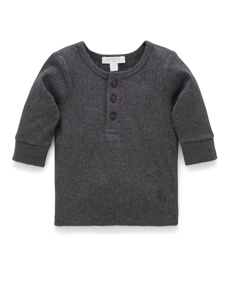 Rib L/Slv Henley Tee - Charcoal Melange