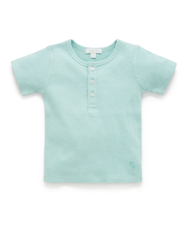 Rib S/Slv Henley Tee - Aquamarine Stripe