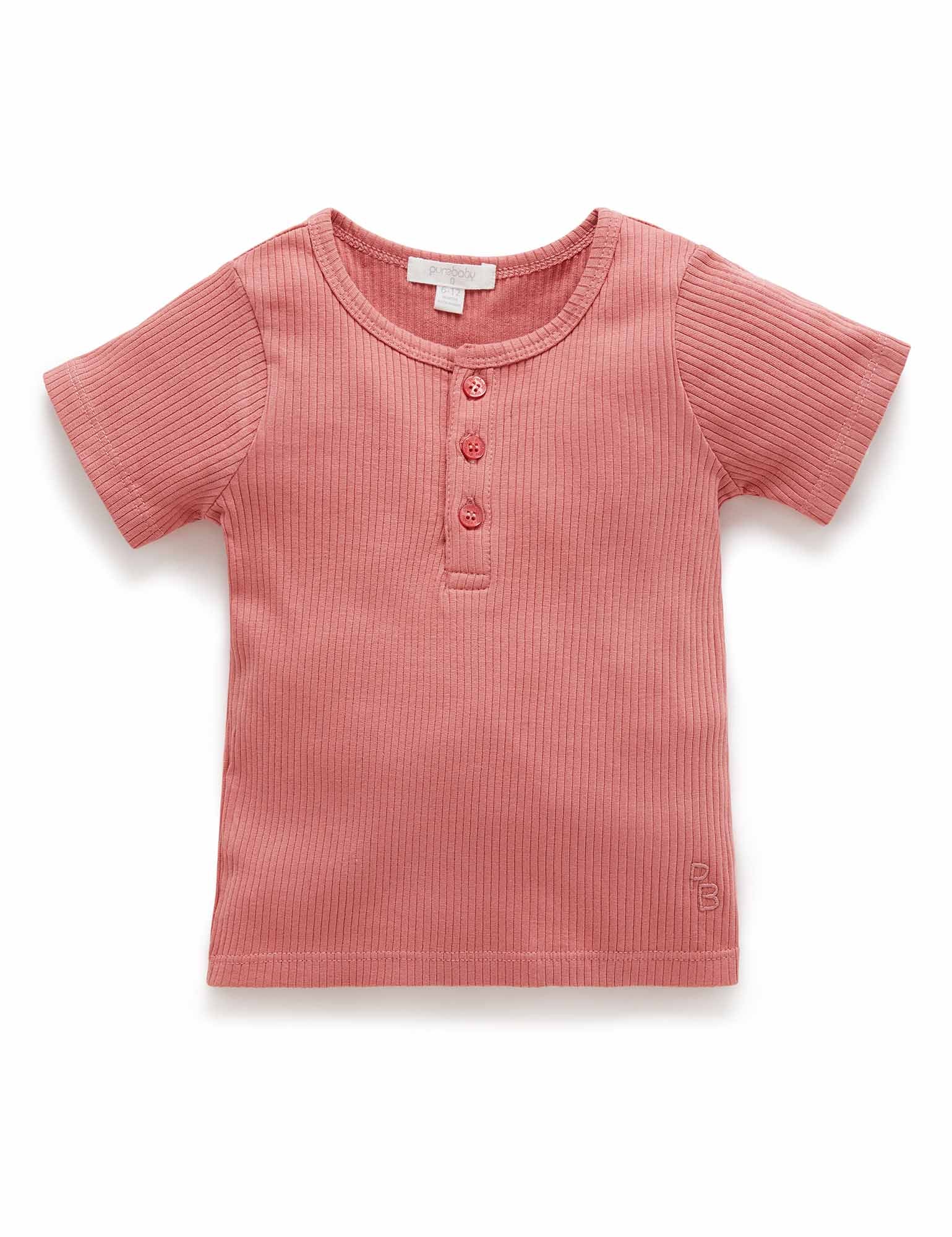 Rib S/Slv Henley Tee - Crabapple