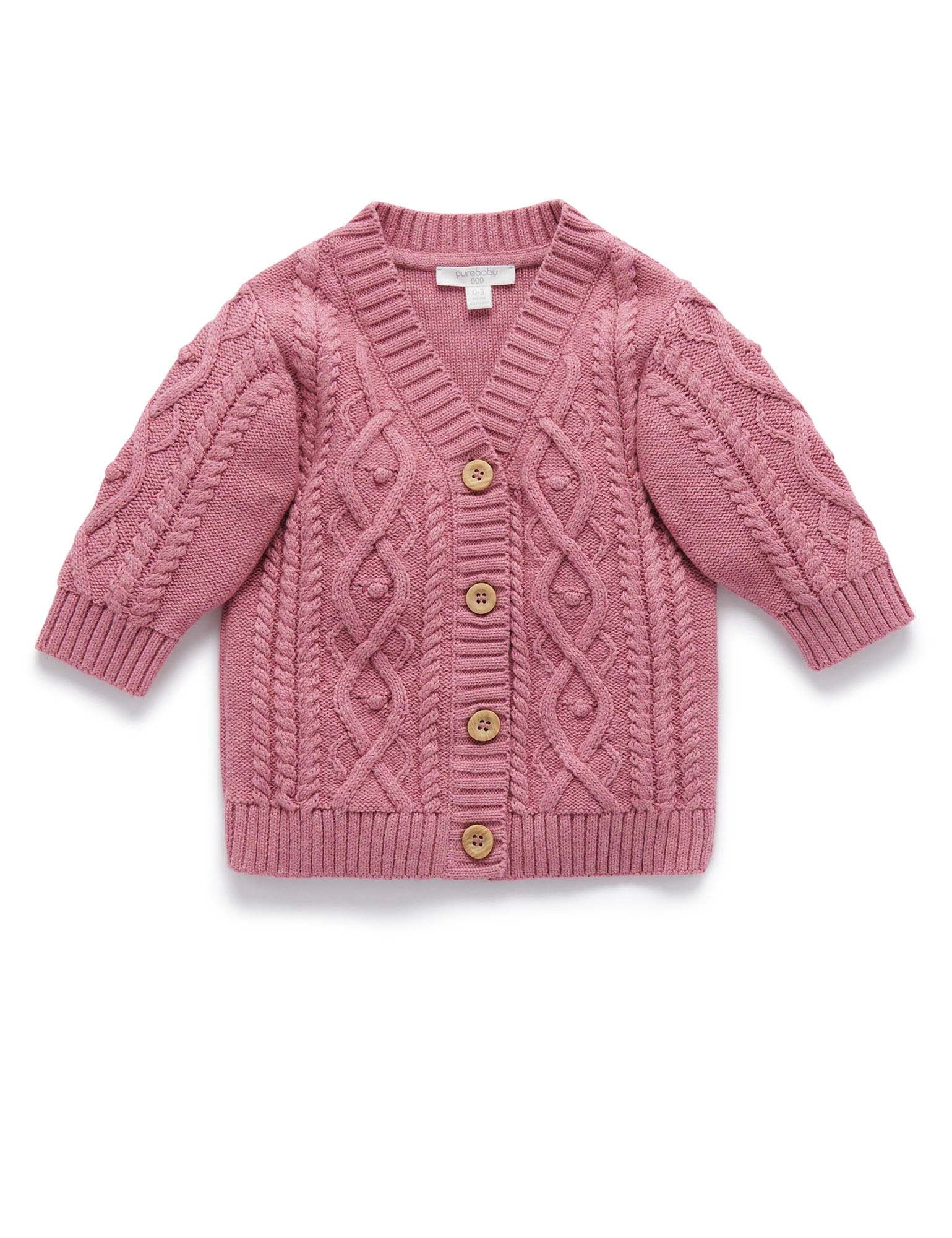 Girls Cable Cardigan - Plum Melange