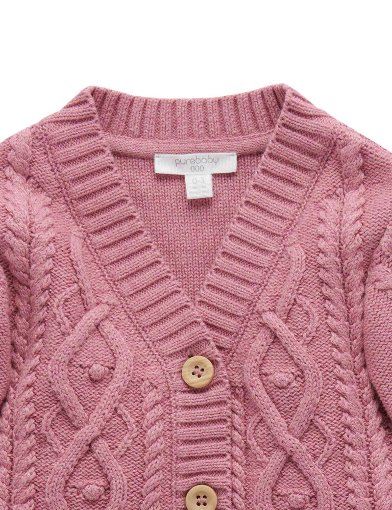 Girls Cable Cardigan - Plum Melange