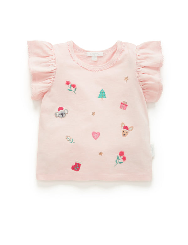 Embroidered Christmas T Shirt - Peach