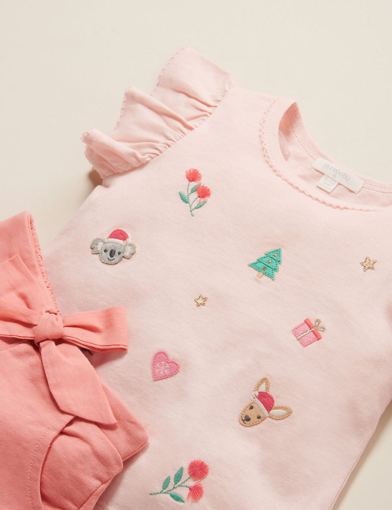Embroidered Christmas T Shirt - Peach