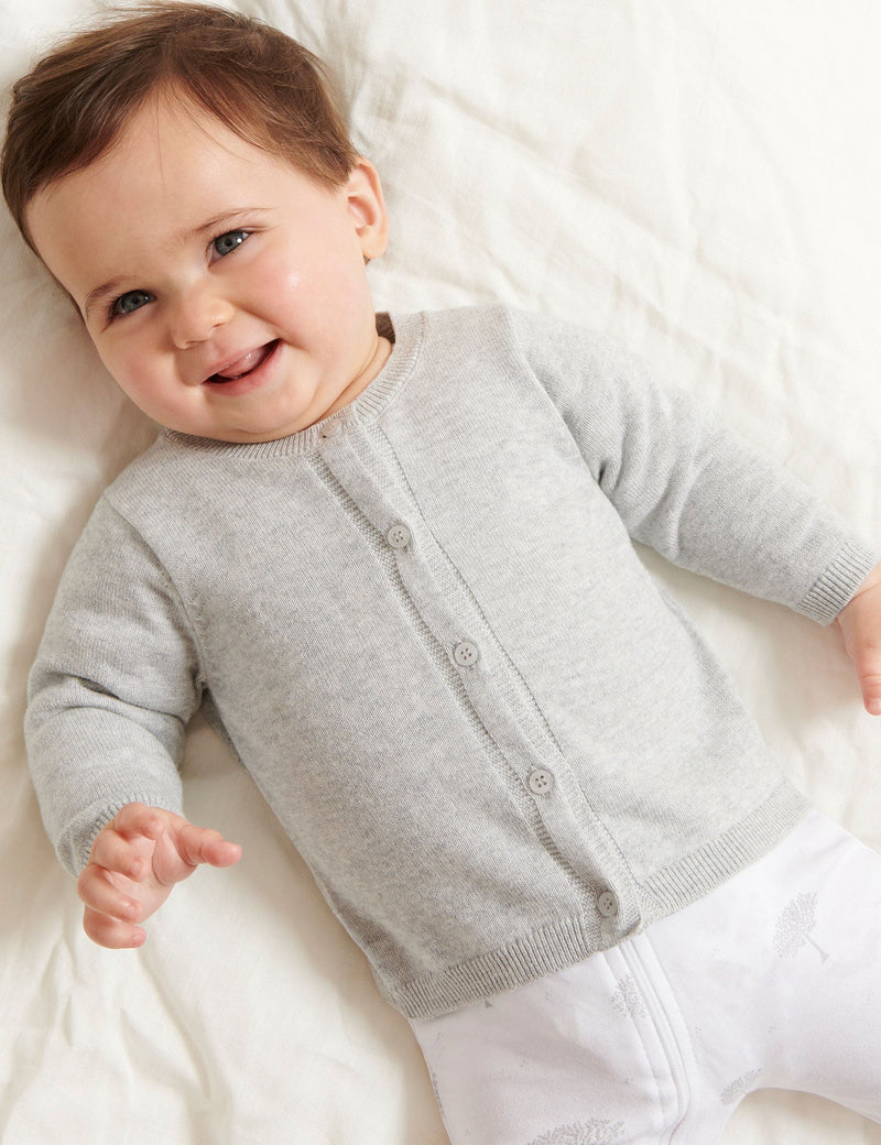100% Org Cotton basic cardi - Pale Grey Melange