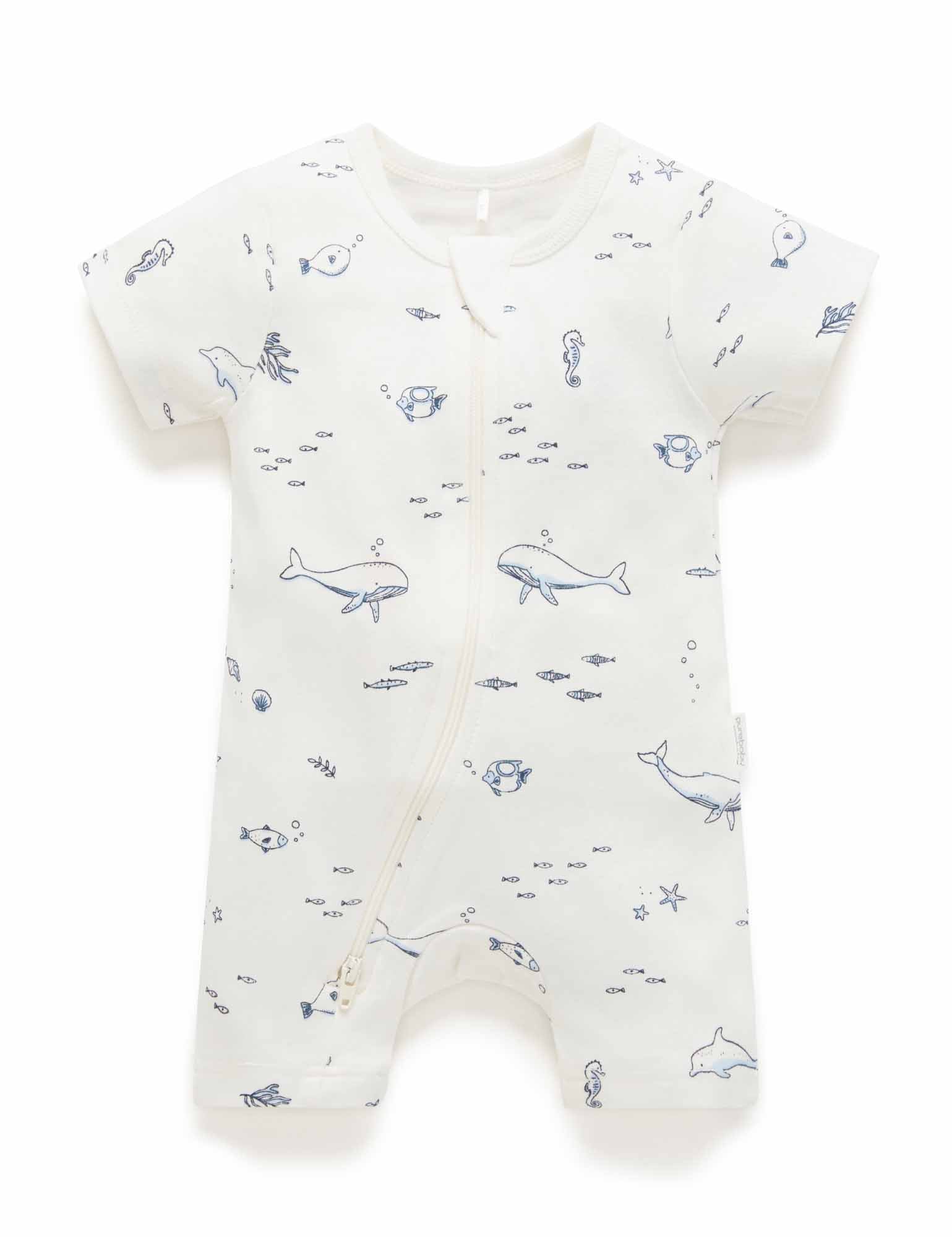 S/S Short Leg Zip Growsuit - Vanilla Nautical
