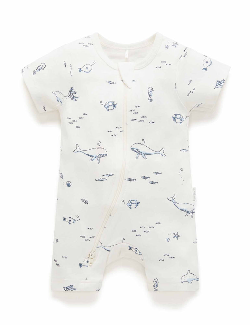 S/S Short Leg Zip Growsuit - Vanilla Nautical