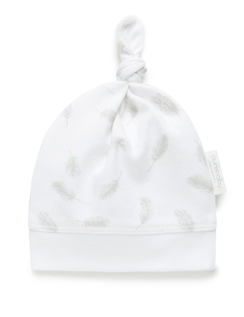 Knot Hat - White w Grey Feather