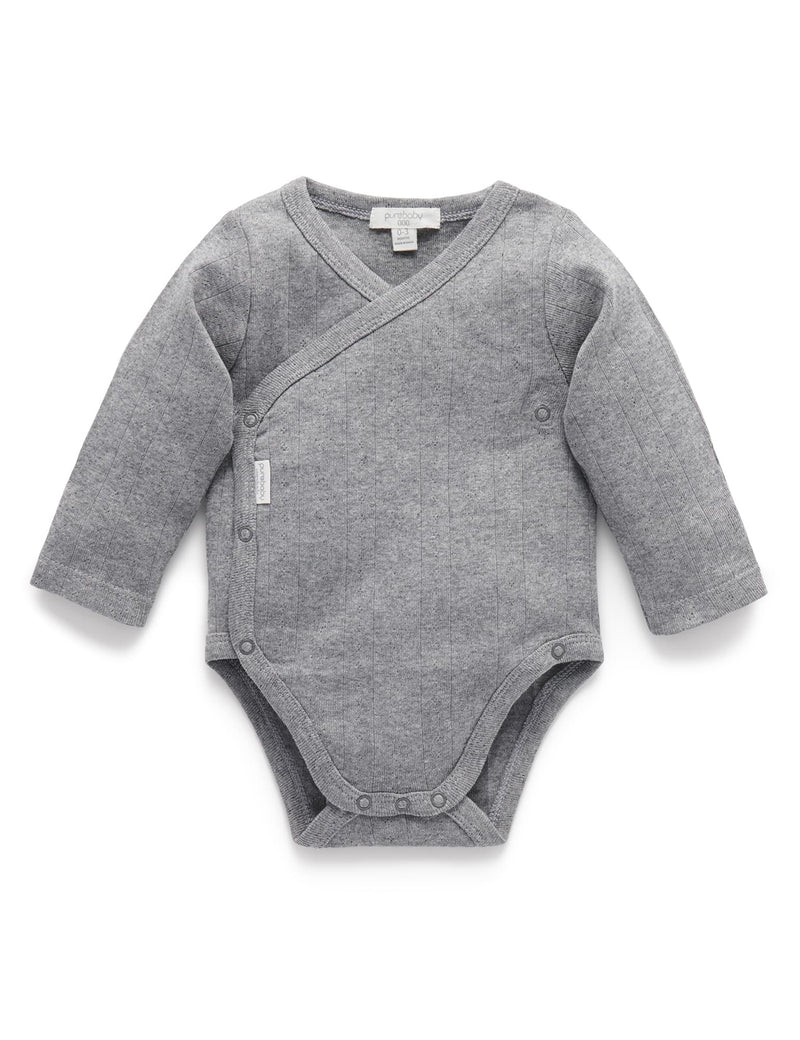 Ess Pointelle LS Wrap Bodysuit - Smoke Melange