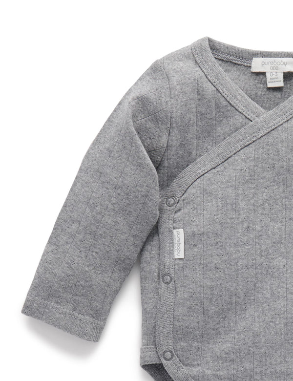 Ess Pointelle LS Wrap Bodysuit - Smoke Melange