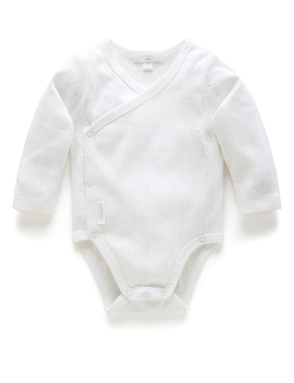 Ess Pointelle LS Wrap Bodysuit - White
