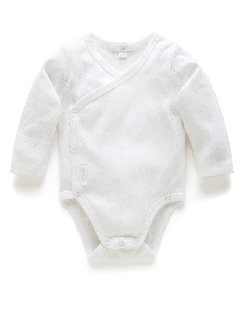 Ess Pointelle LS Wrap Bodysuit - White