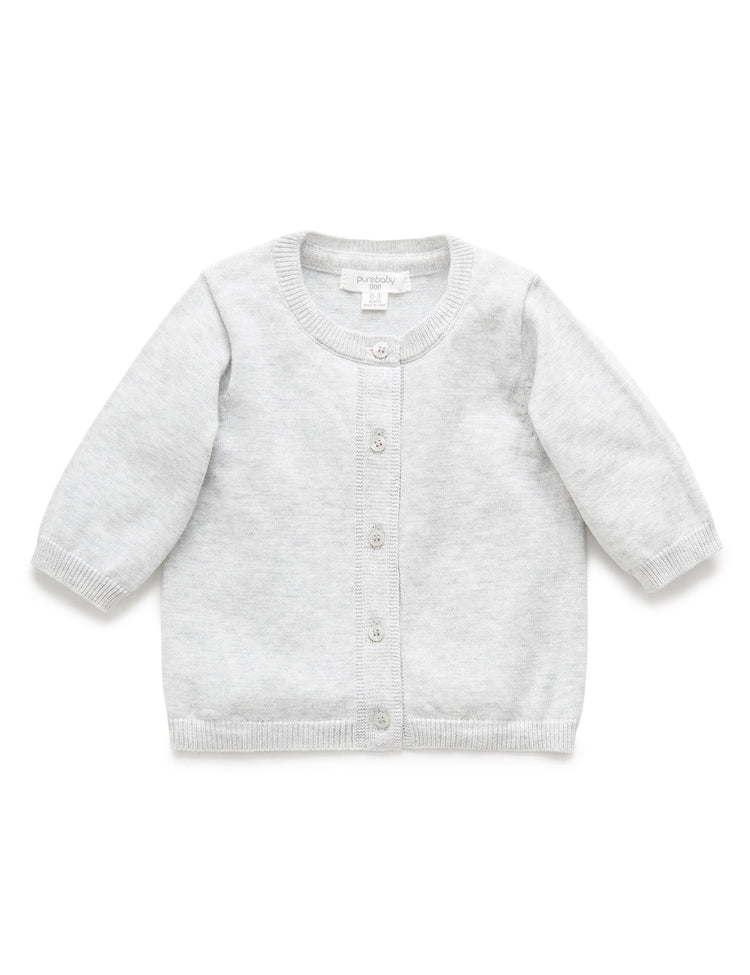 100% Org Cotton basic cardi - Pale Grey Melange