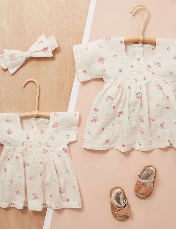 Shirred Dress Bodysuit - Fruits & Flowers Print