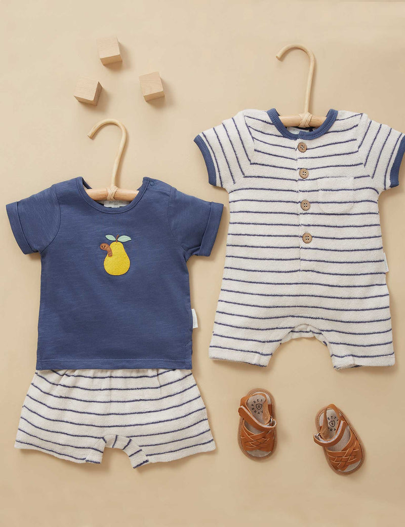 Towelling Shortie Growsuit - Bluestone Stripe