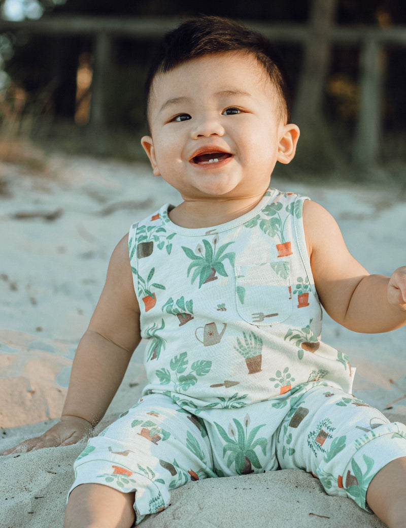 Sleeveless Henley Growsuit - Potting Print