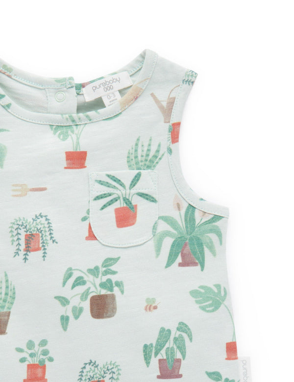 Sleeveless Henley Growsuit - Potting Print
