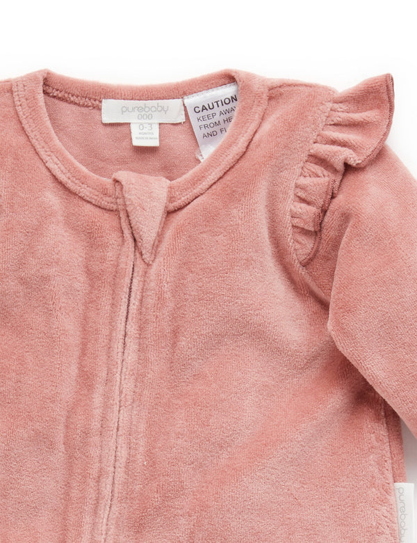 Frill Velour Zip Growsuit - Crab Apple