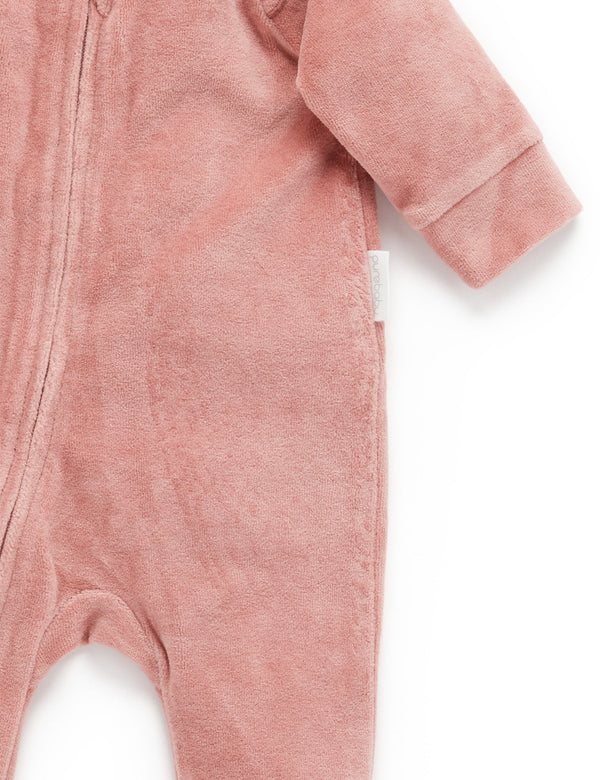Frill Velour Zip Growsuit - Crab Apple