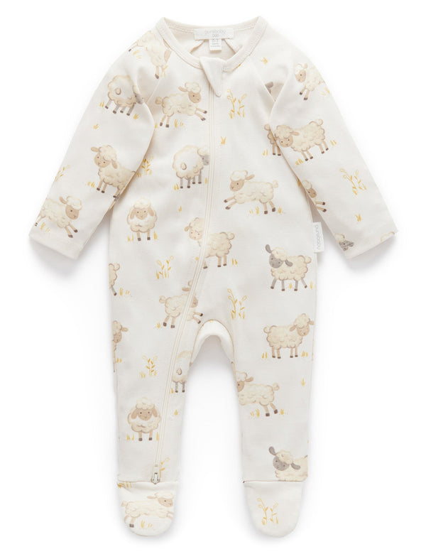 Printed Zip Growsuit - Leaping Lambs Print
