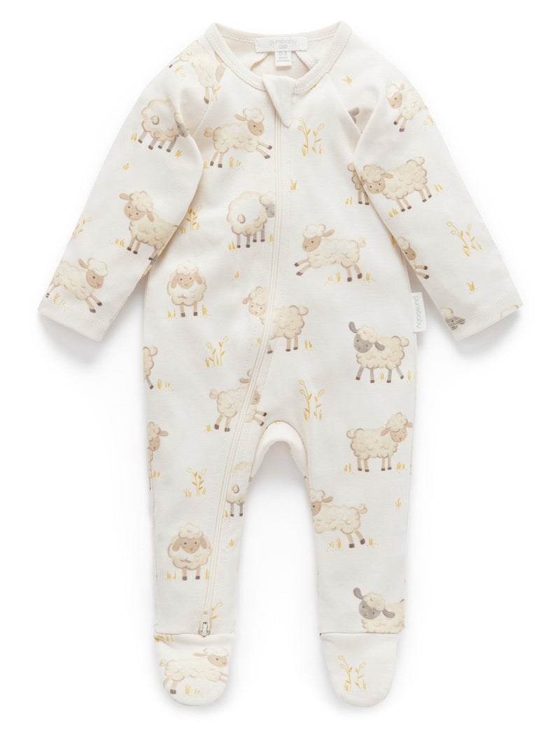 Printed Zip Growsuit - Leaping Lambs Print