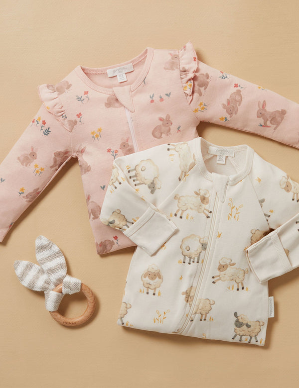 Printed Zip Growsuit - Leaping Lambs Print