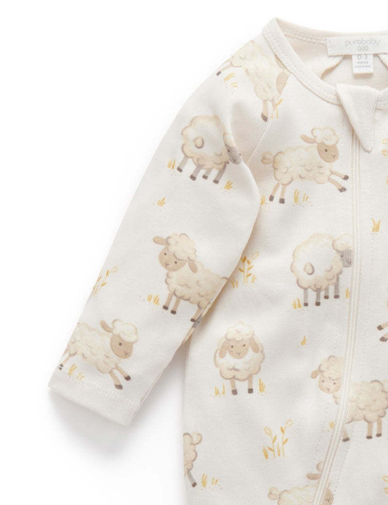 Printed Zip Growsuit - Leaping Lambs Print
