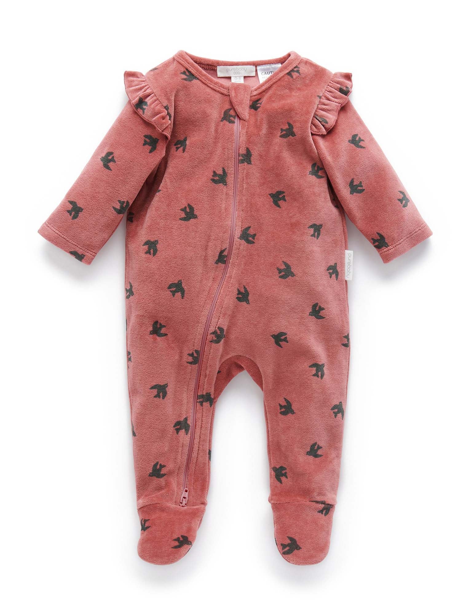 Frill Velour Growsuit - Swallow Print