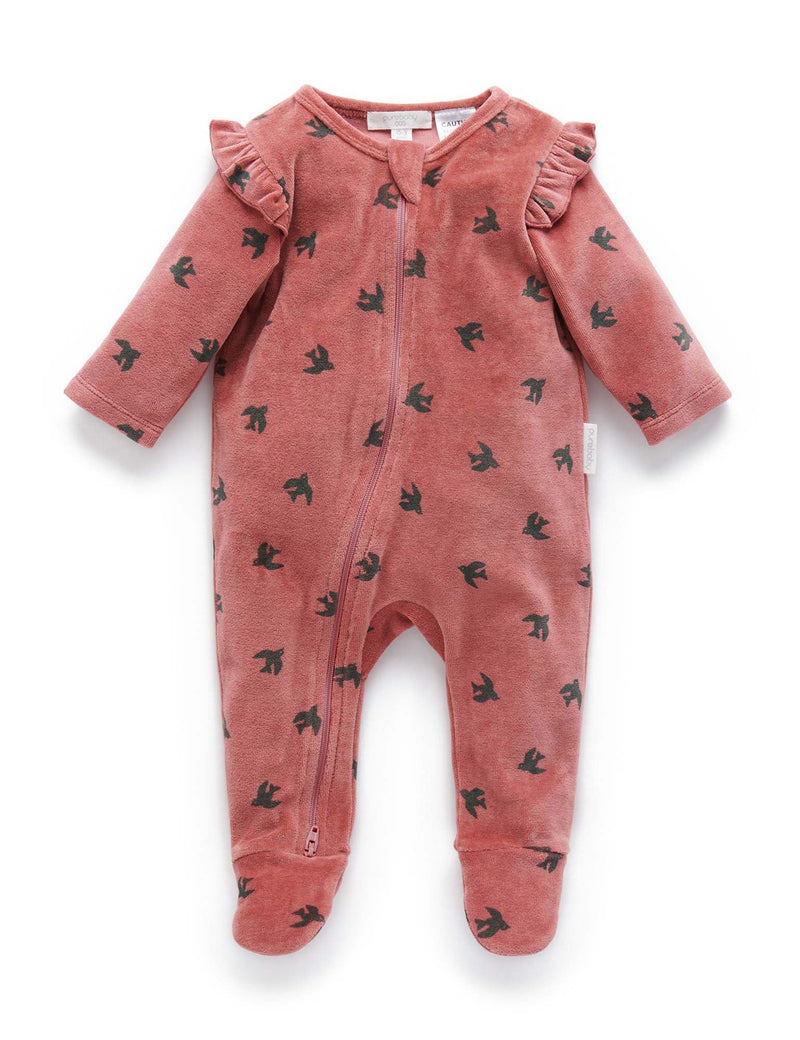 Frill Velour Growsuit - Swallow Print